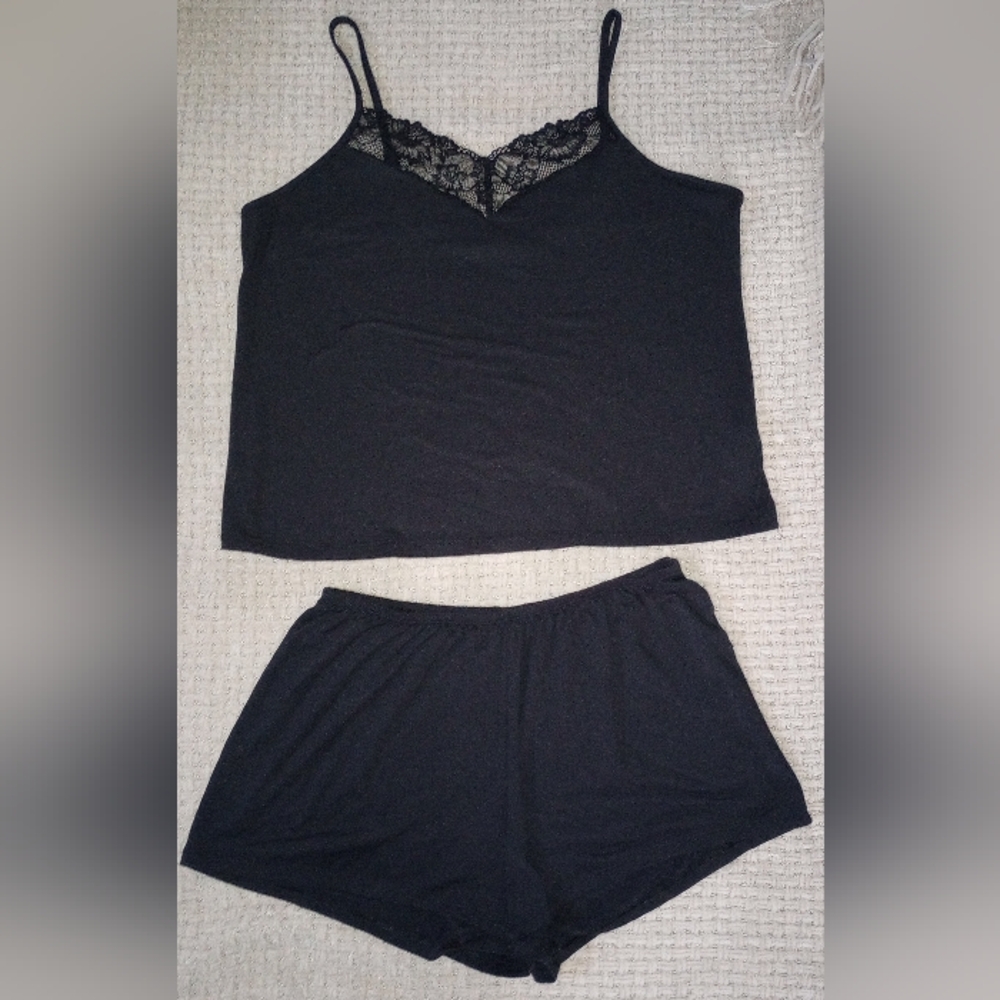 Women's Black Lace-Trim Cami & Short Sleep Set, Size M